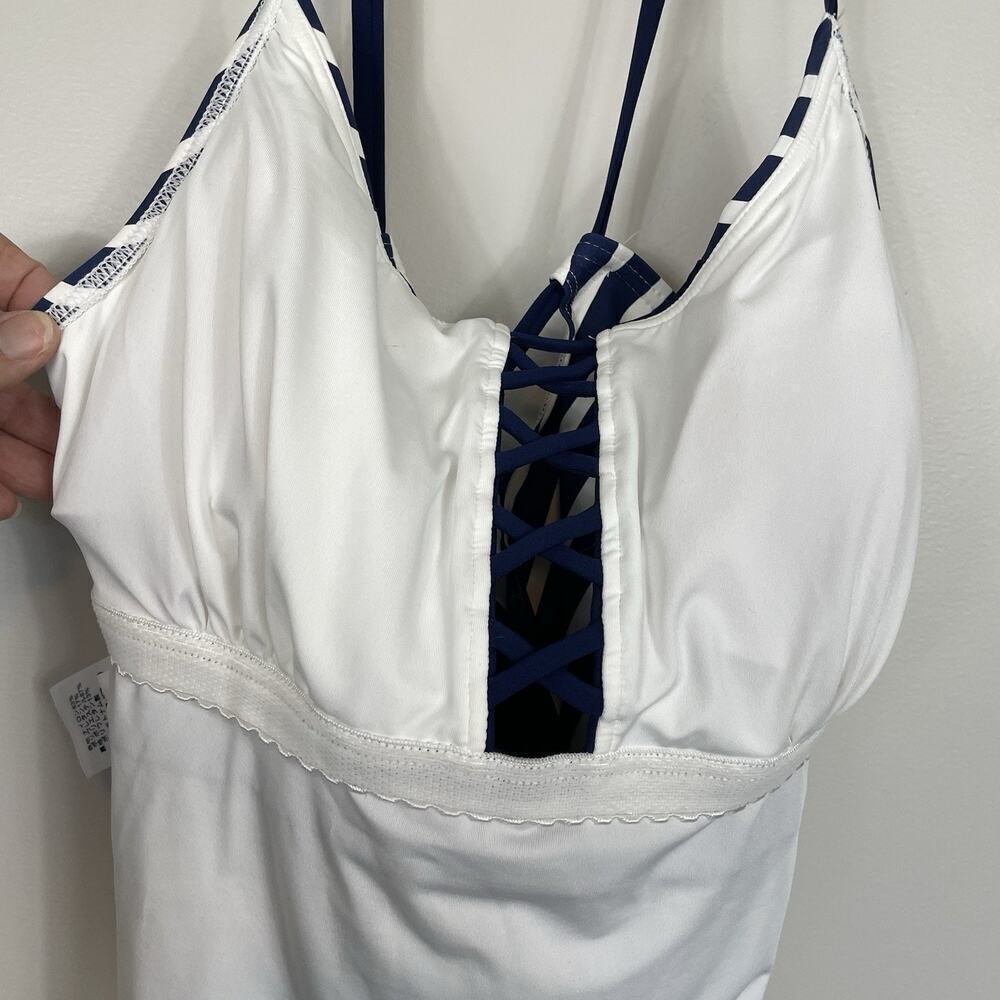 Lands End Lace Up One-Piece Swimsuit Womens 12 Blue & White Beach Resort Cruise - Picture 9 of 13
